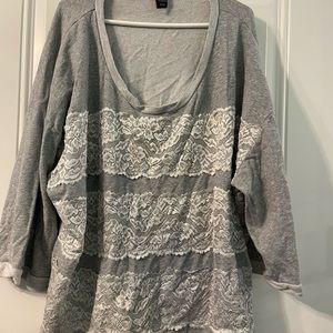 Gray sweater with lace stripe overlay, 3/4 length sleeve scoop neck